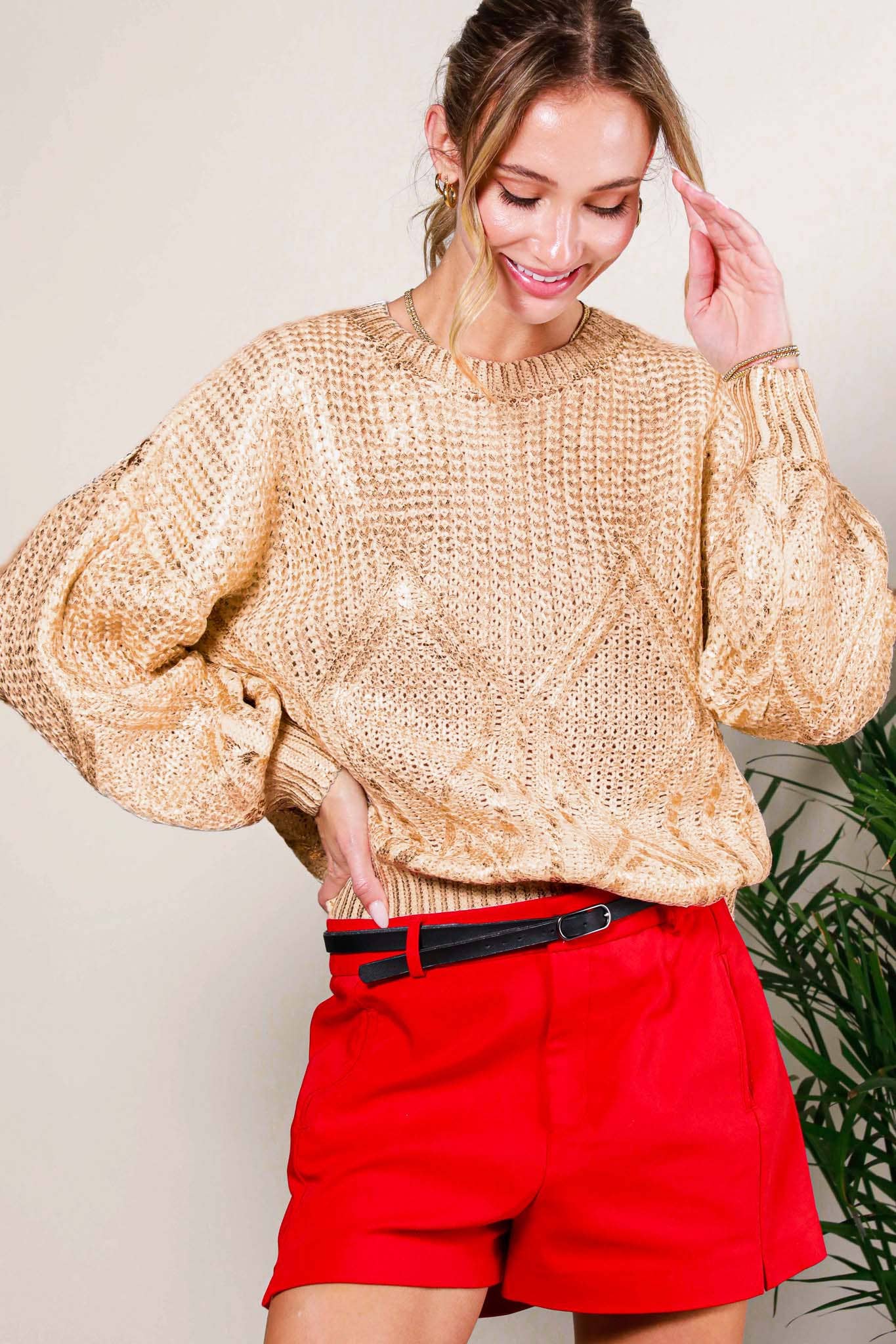 Crew Neck Cable Gold Foil Metallic Knitted Sweater VT31763A