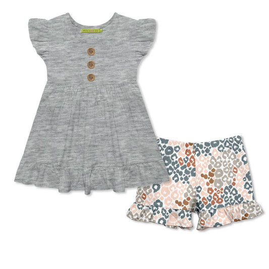 Gray Heather Top & Leopard Spots Ruffle Shorts