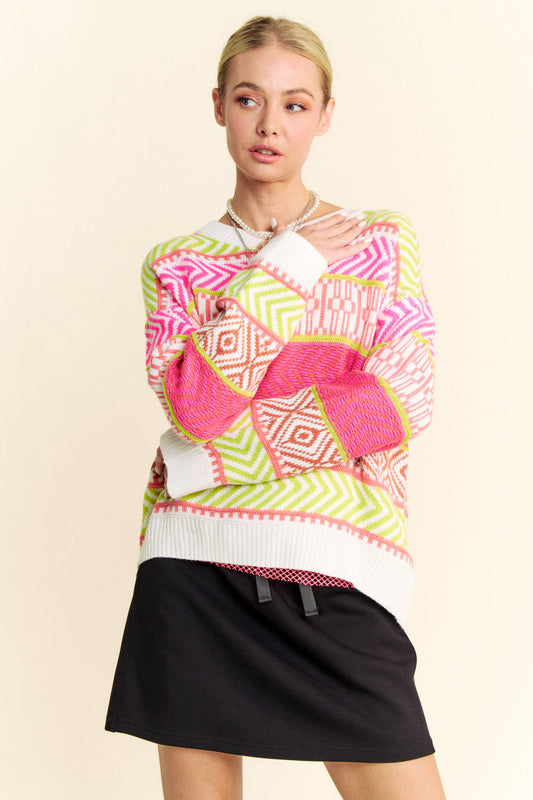 Mixed Pattern Textured Stripe Over Sweater Top