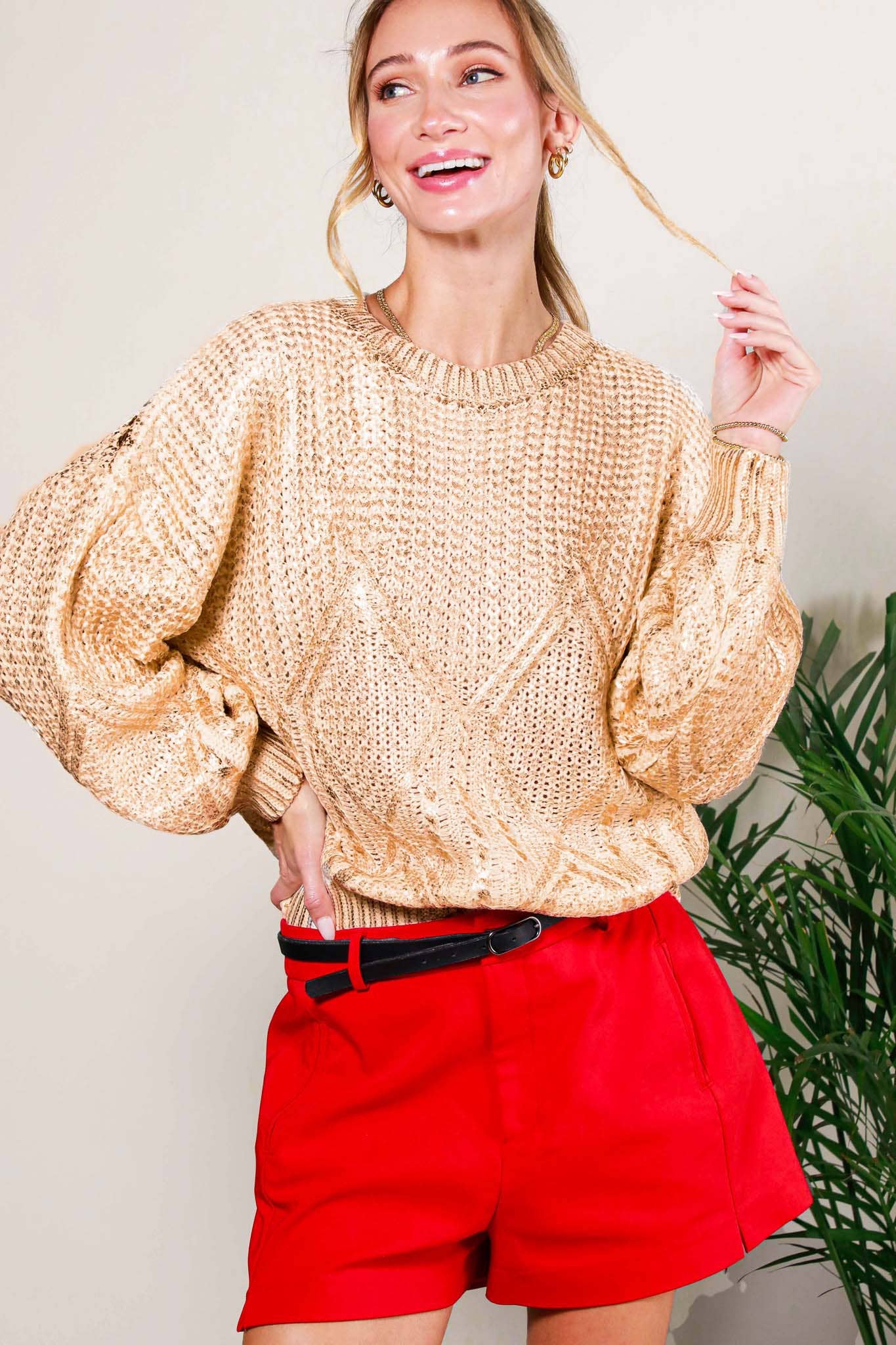 Crew Neck Cable Gold Foil Metallic Knitted Sweater VT31763A