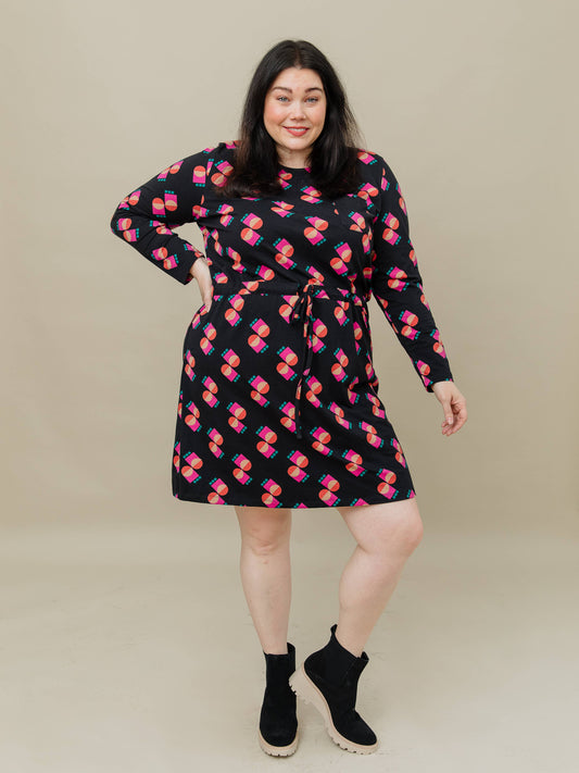 Abby Long Sleeve Plus Size Dress Memphis Shapes Black