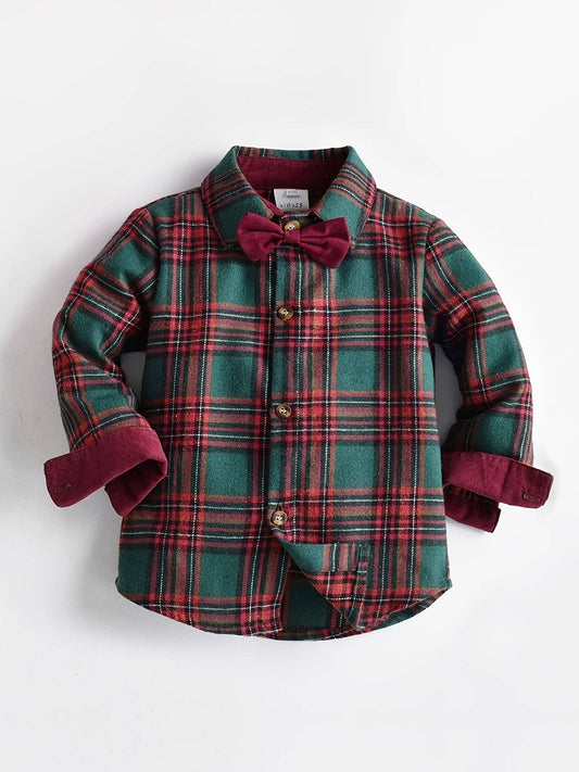 Toddler Baby Boys Plaid Bowtie Shirt Long Sleeve Button Down Shirt Tops Kids Christmas Clothes