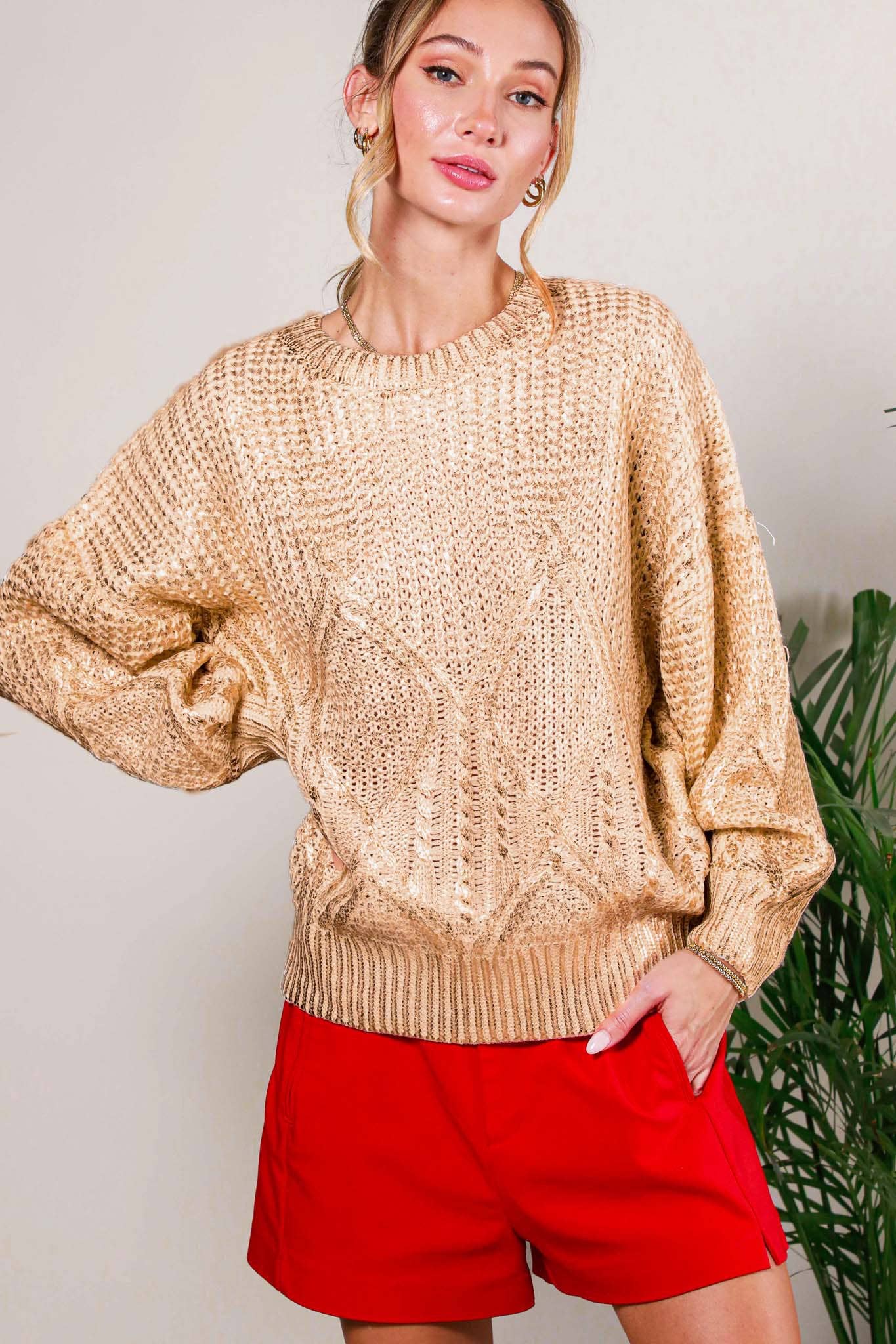 Crew Neck Cable Gold Foil Metallic Knitted Sweater VT31763A