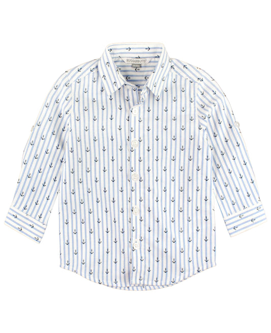 Boys Anchors Ahoy Stripe Long Sleeve Button Down Shirt