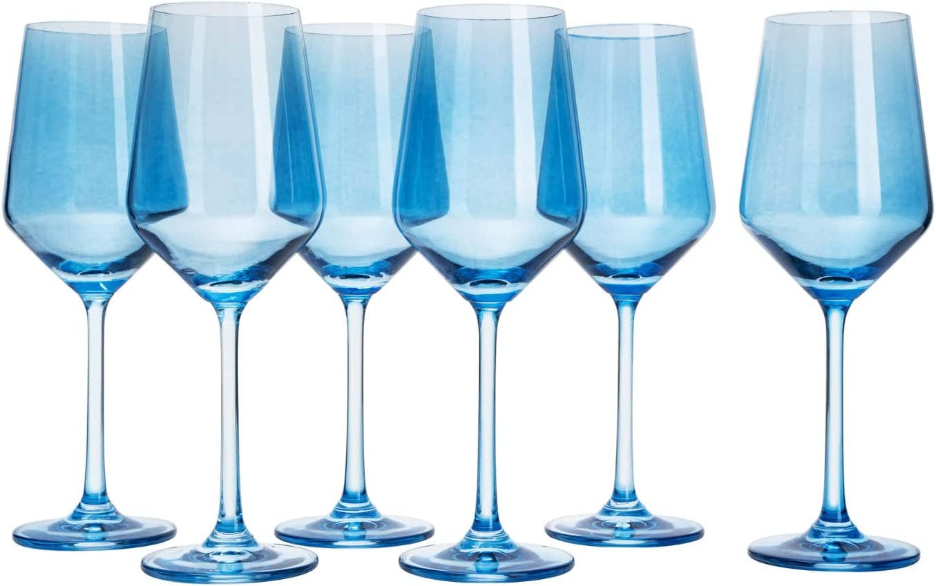 Set of 2 Blue Colored Wine Glasses - 12 oz Hand Blown