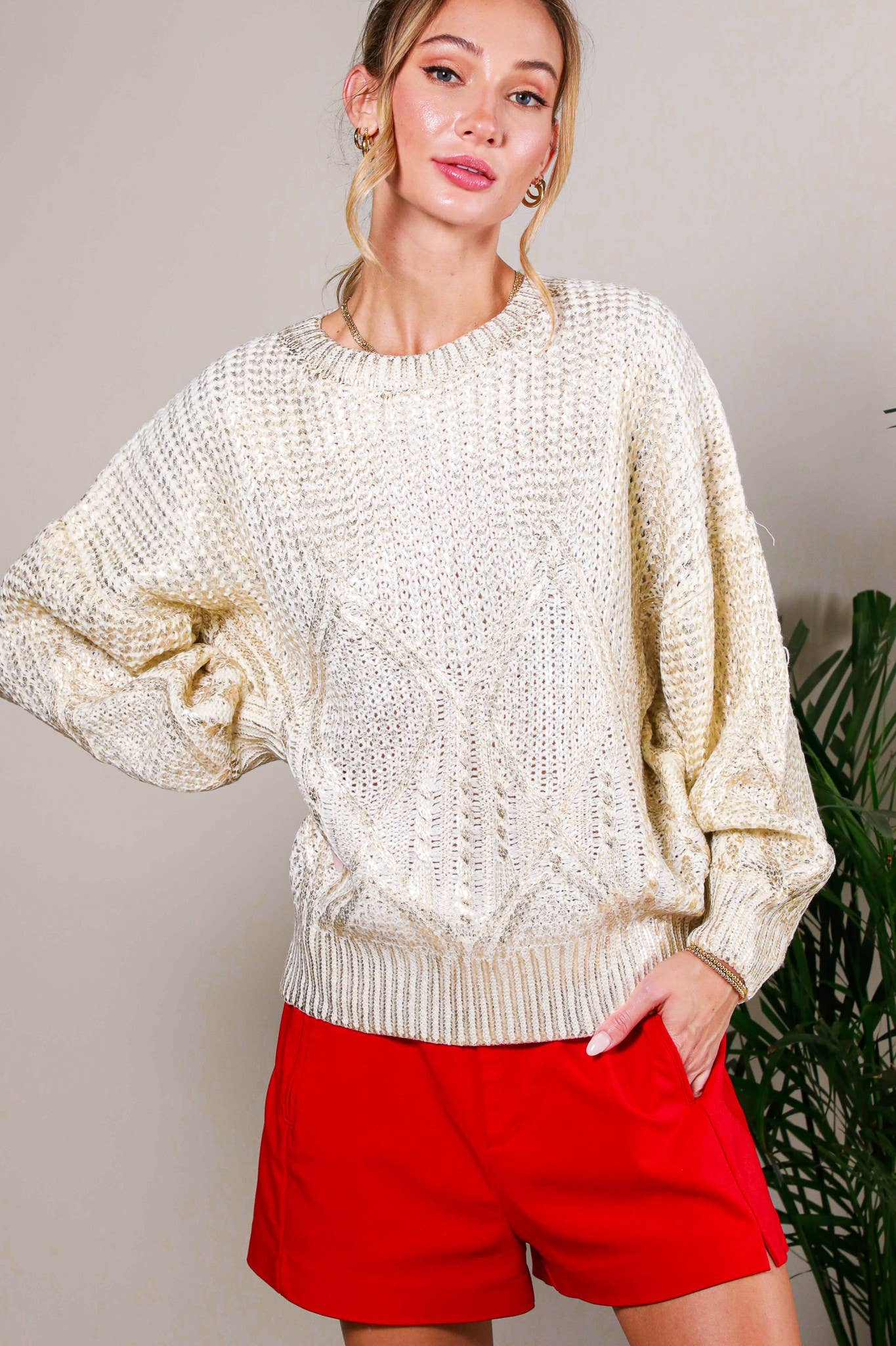 Crew Neck Cable Gold Foil Metallic Knitted Sweater VT31763A