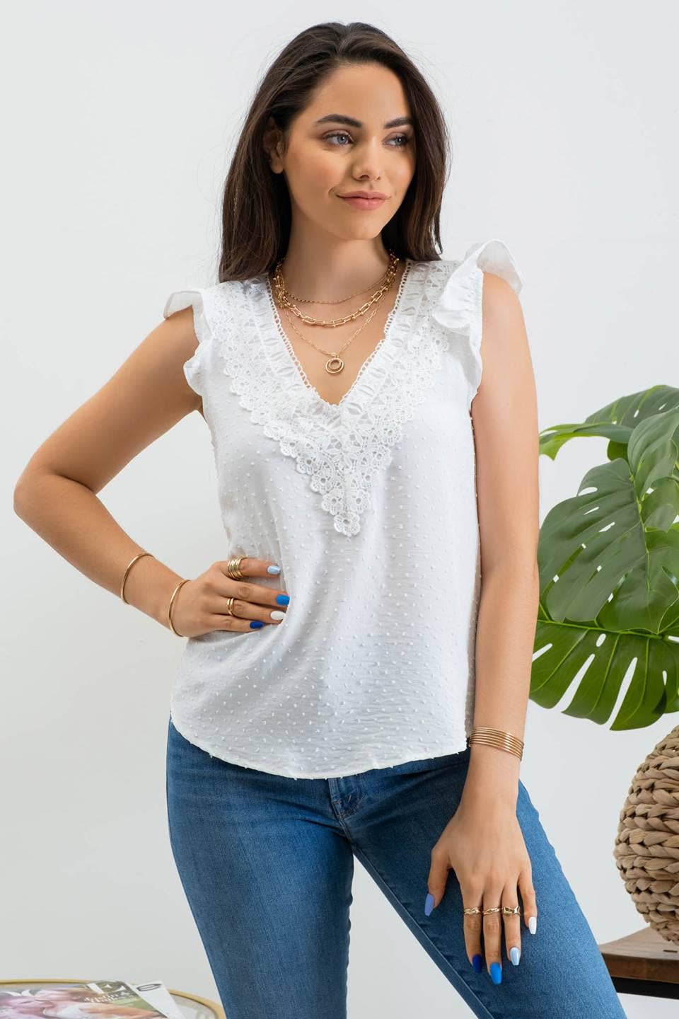 CLIP DOT V NECK LACE TRIM RUFFLE SLEEVE TOP