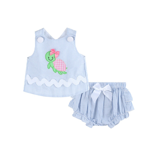 Light Blue Seersucker Turtle 2pc Bloomer Set