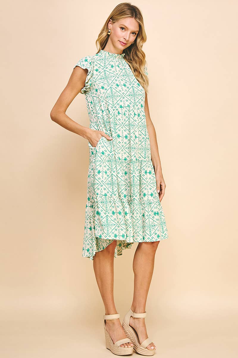 TIERED MIDI DRESS WITH BACK BUTTON CLOSURE - IVORY GREEN