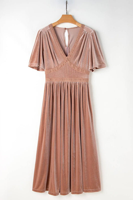 Velvet Lacy V Neck Empire Waist Flowy Maxi Dress