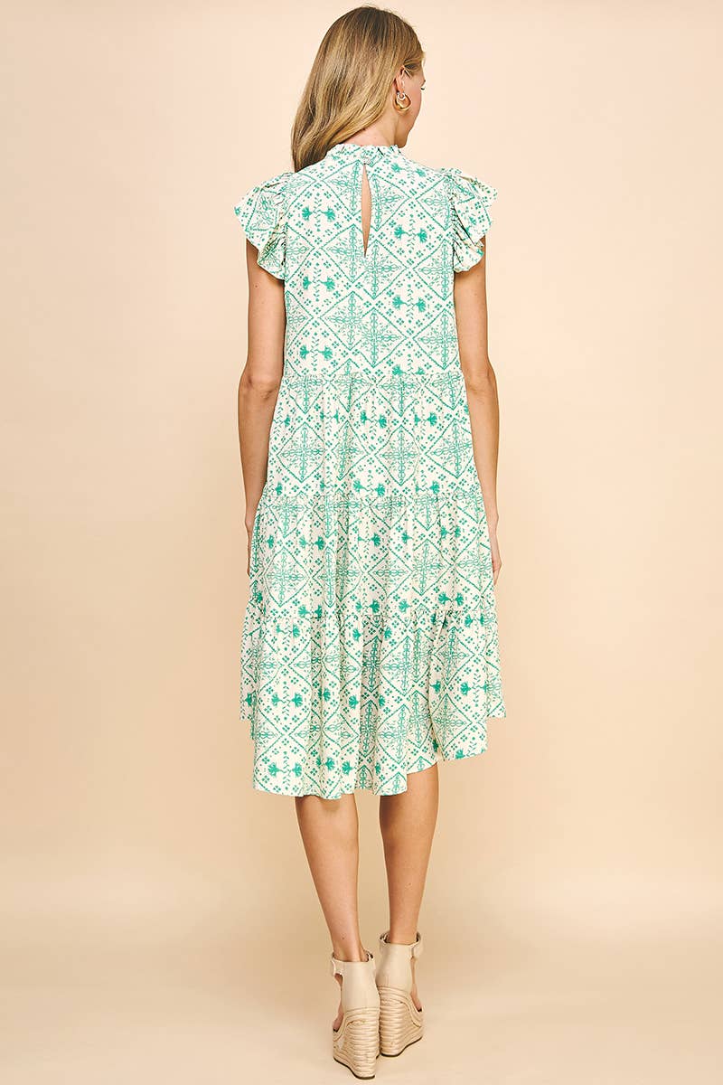 TIERED MIDI DRESS WITH BACK BUTTON CLOSURE - IVORY GREEN