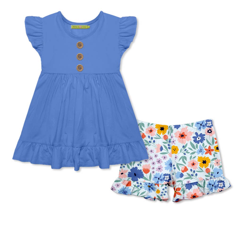 Girls Marina Blue Top & Wonder Floral Ruffle Shorts