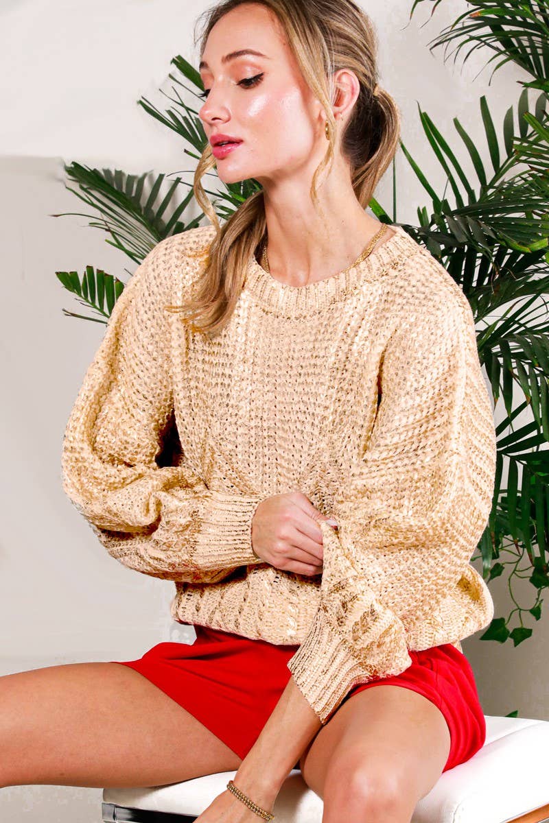 Crew Neck Cable Gold Foil Metallic Knitted Sweater VT31763A