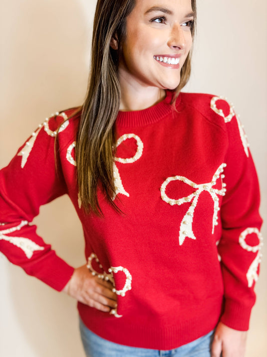 Holly Christmas Pearl Bow Sweater