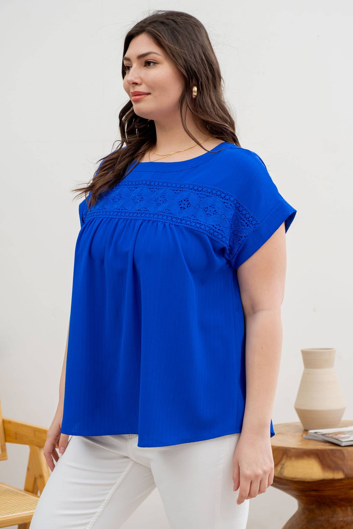 Floral Eyelet Detail Woven Top Plus - White and Royal Blue
