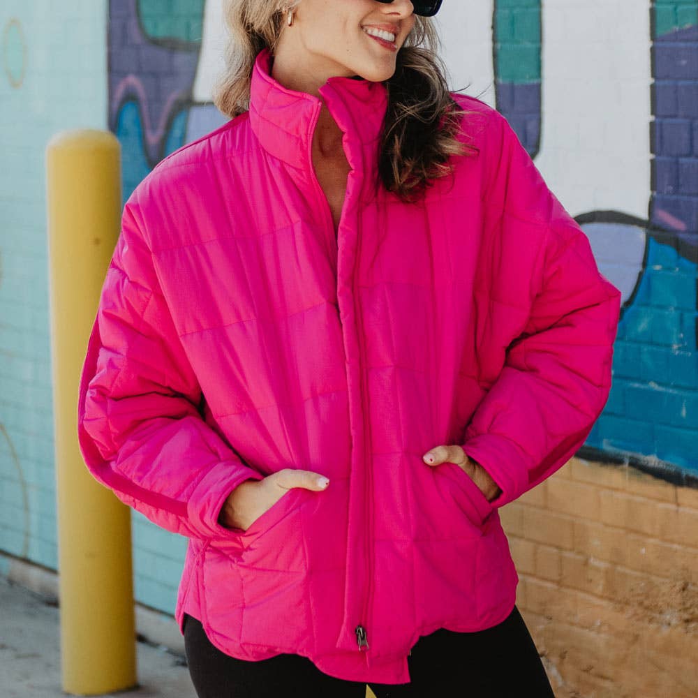 Hot Pink Lightweight Quilted Squares Zipper Jacket