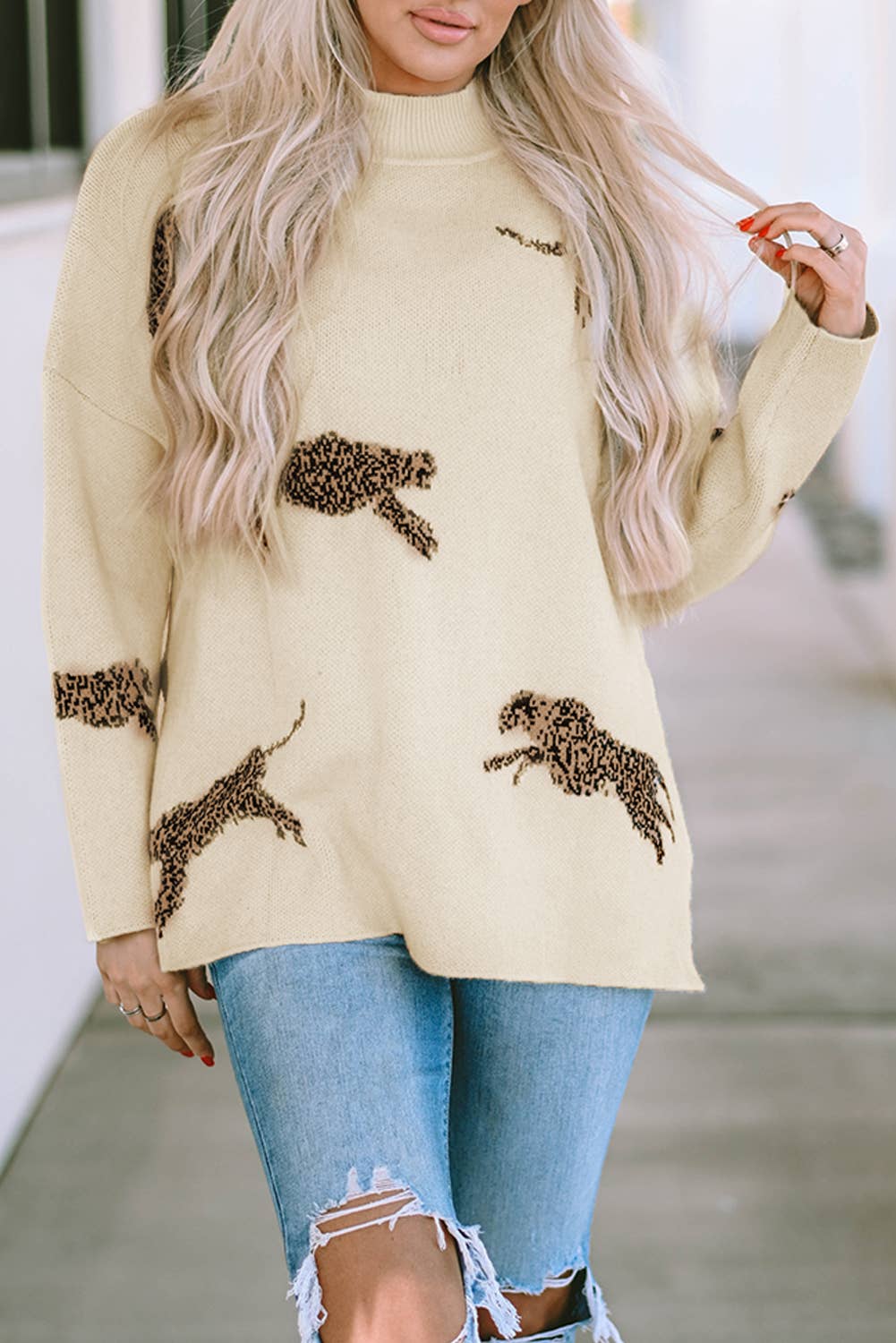 Lively Cheetah Print High Neck Split Hem Sweater