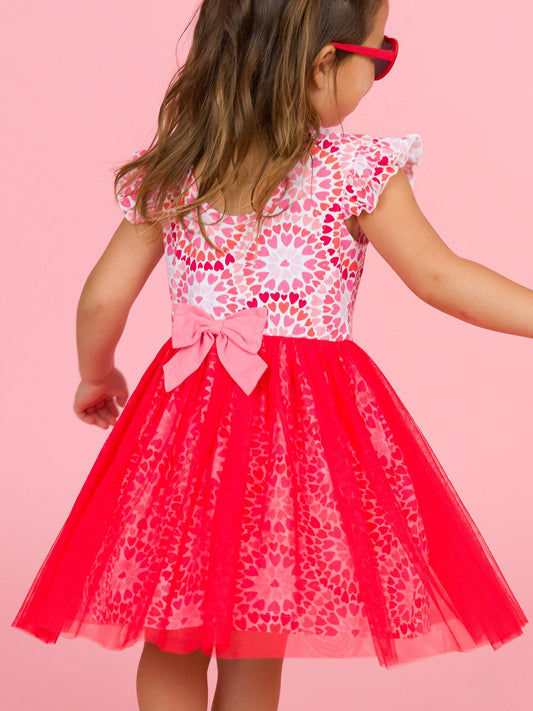 Girls Pink Kaleidoscope Hearts Flutter Tulle Twirl Dress