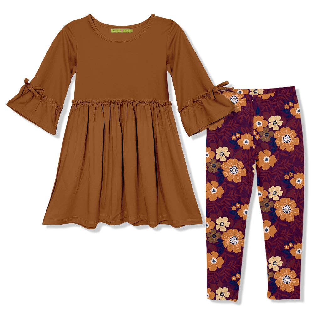 Girls Rust Bow Bell-Sleeve A-Line Dress & Florals Leggings