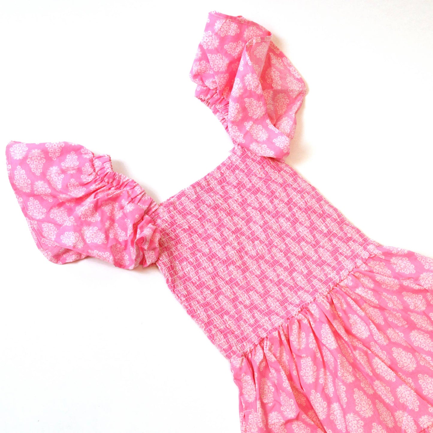 Pink & White Block Print Smocked House Dress