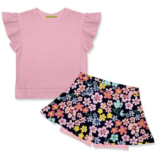 Girls Dusty Pink Angel-Sleeve Top & Midtone Floral Skort