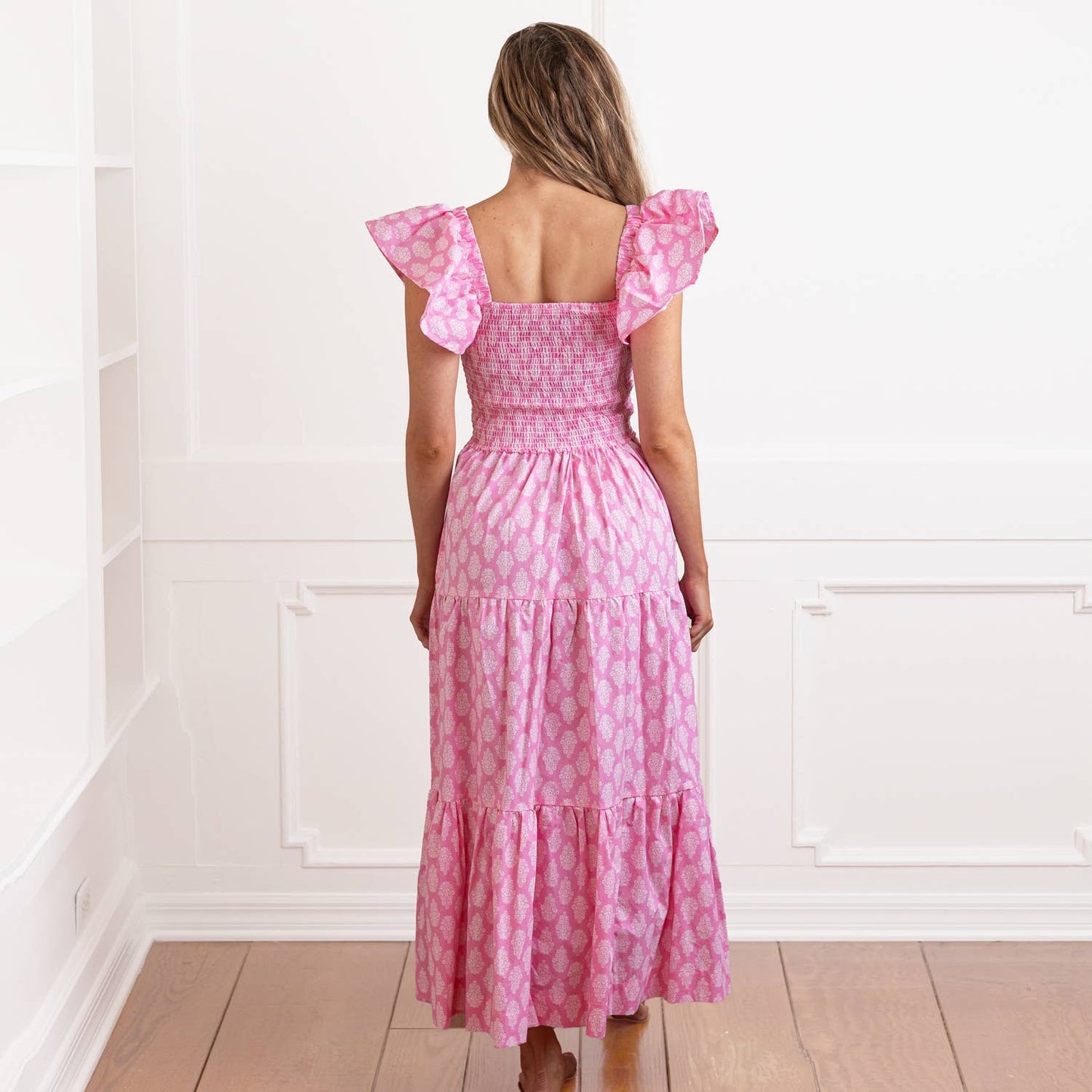 Pink & White Block Print Smocked House Dress