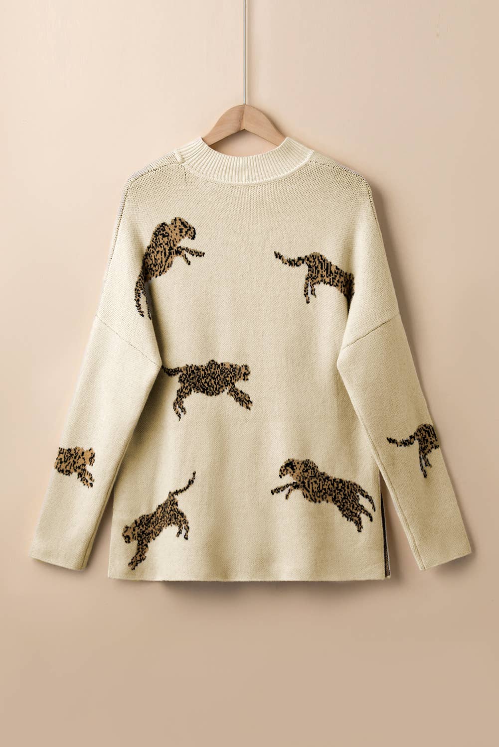 Lively Cheetah Print High Neck Split Hem Sweater