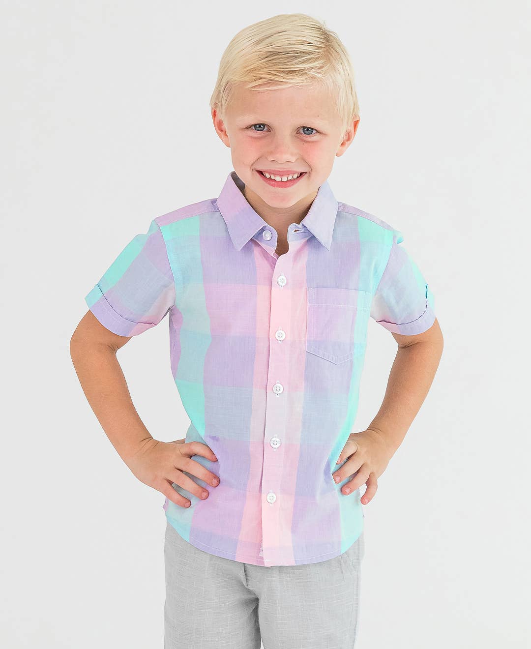 Boys Cotton Candy Plaid Short Sleeve Button Down Shirt