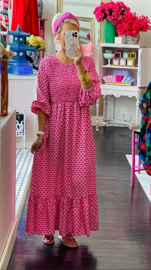 Print Three Quarter Puff Sleeve Maxi Dress