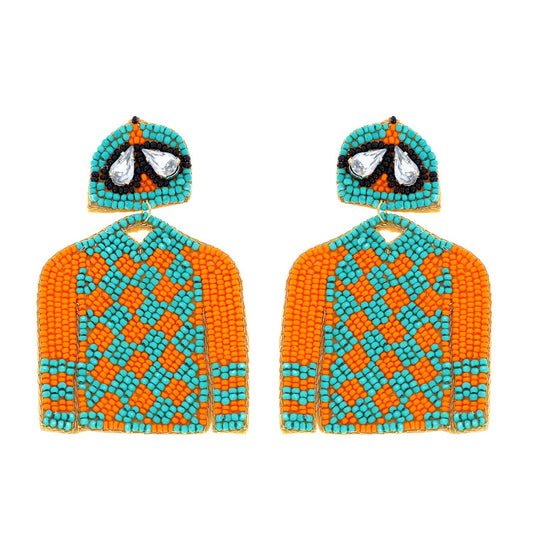 Beaded Jockey Hat Goggles & Plaid Sweater Earrings