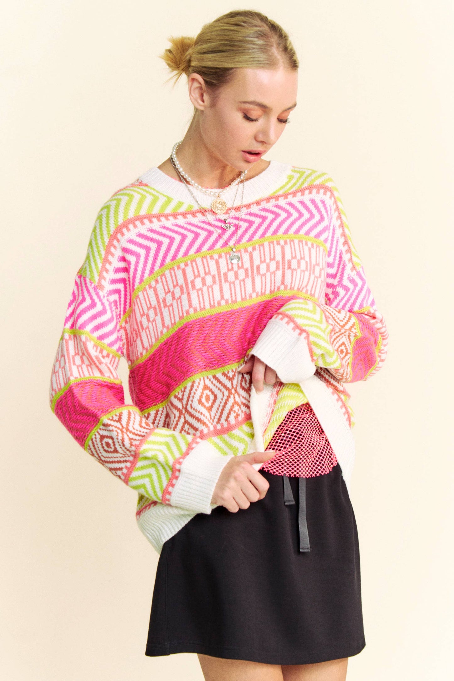 Mixed Pattern Textured Stripe Over Sweater Top