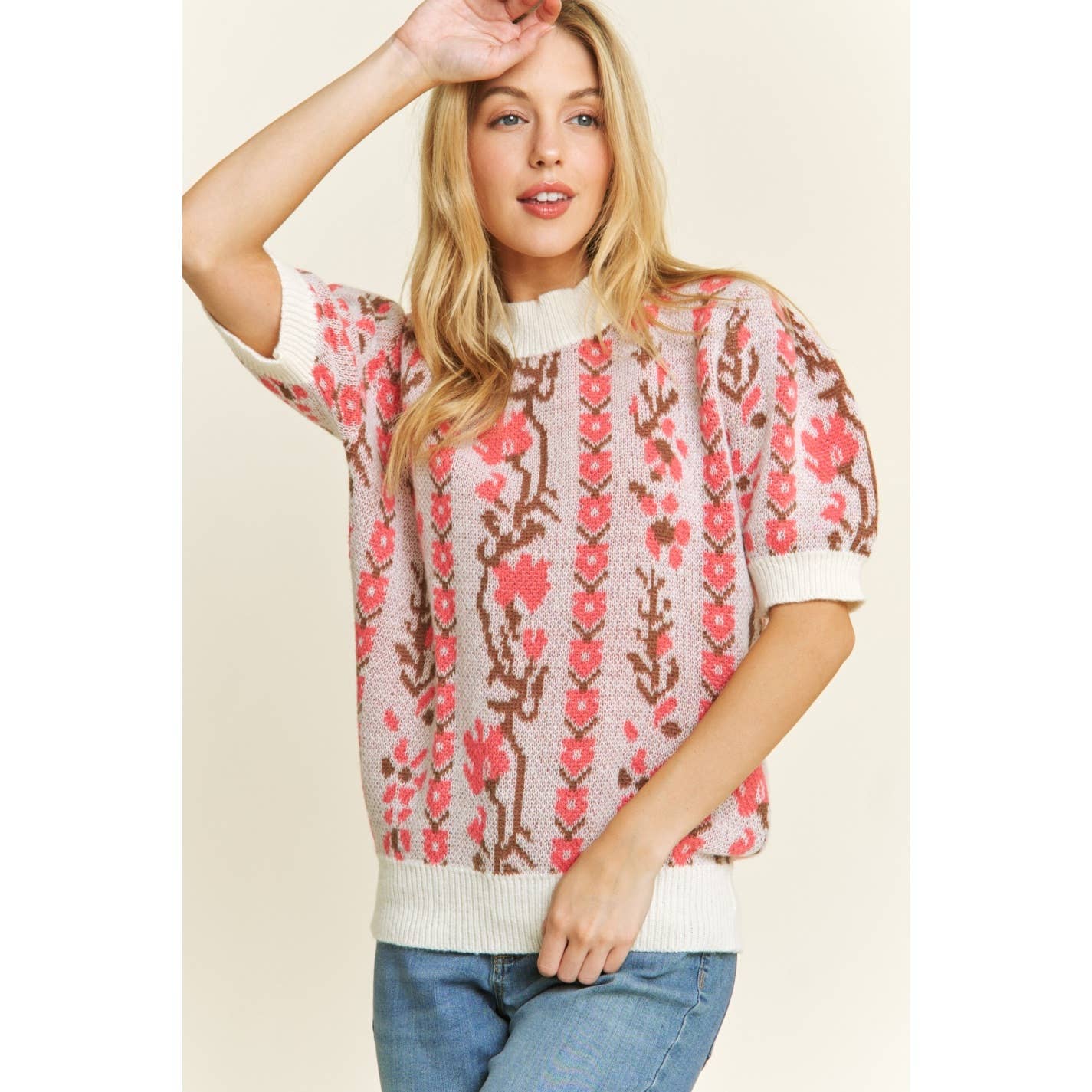 Cute Floral Jacquard Casual Pullover Sweater