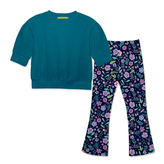 Girls Teal Crewneck Sweatshirt & Floral Flare Leggings