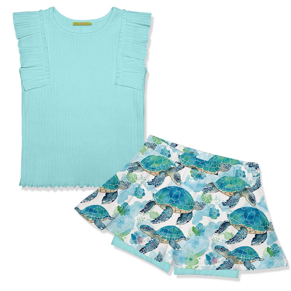 Grils Mint Ribbed Ruffle Sleeveless Top & Turtle  Skort