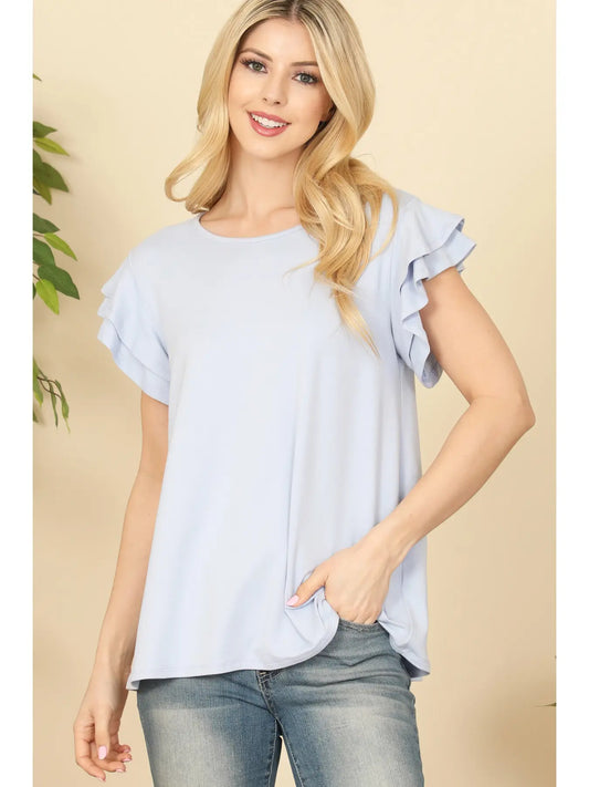 Ruffled Short Slv Blue Tee