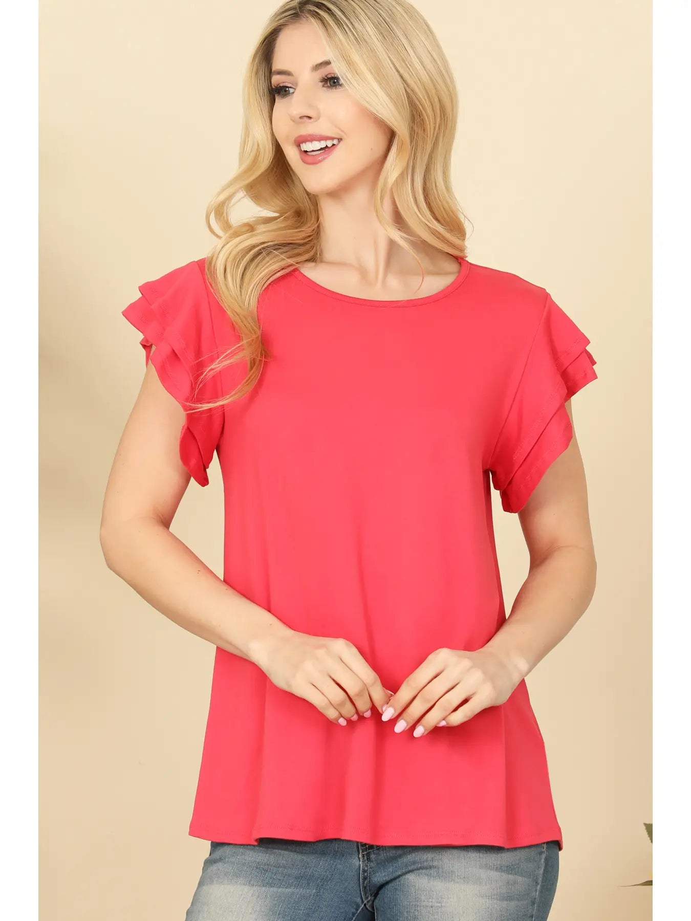 Ruffled Short Slv Coral Tee