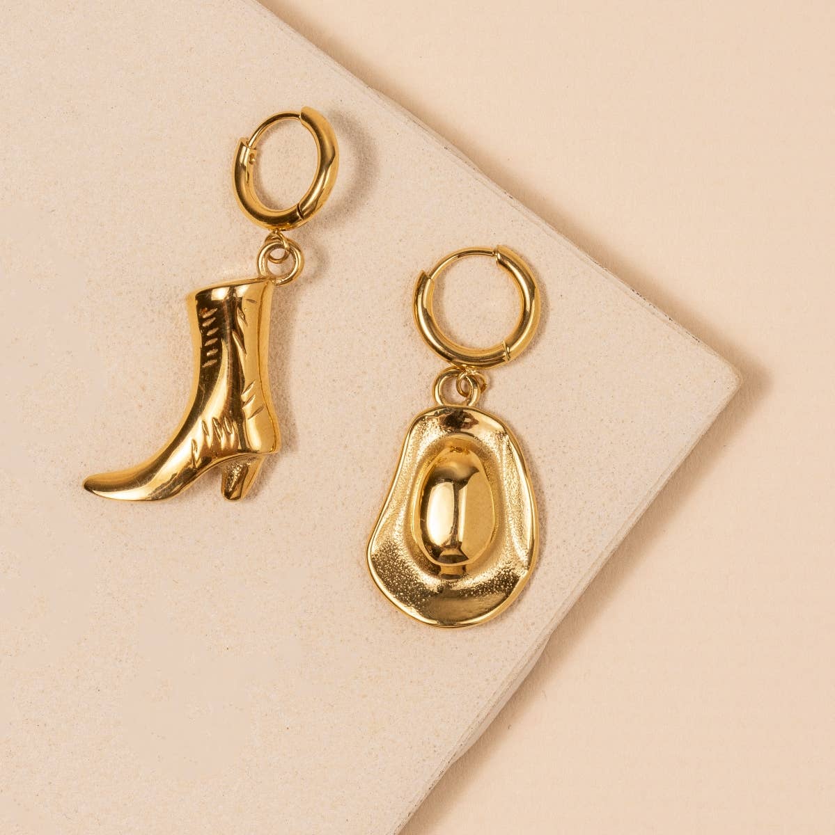 Western Boot and Hat 18K Gold Dip Stainless Steel Earrings