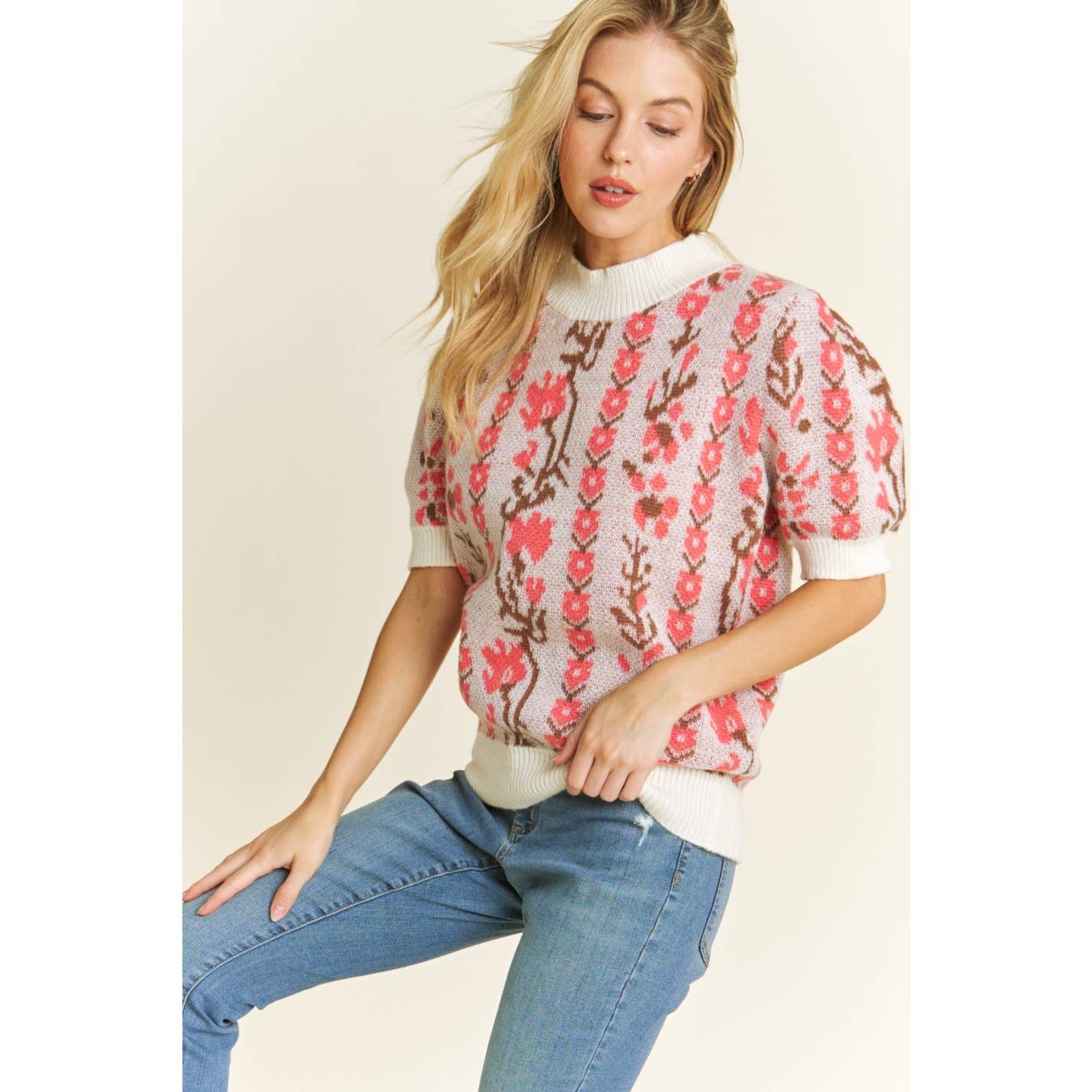 Cute Floral Jacquard Casual Pullover Sweater