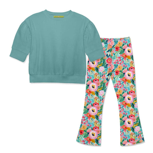 Girls Nile Blue Crewneck Sweatshirt & Floral Flare Leggings