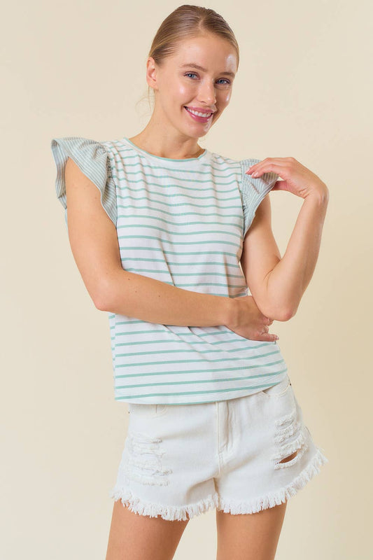 CREWNECK RUFFLE SLEEVE STRIPE MIXED TOP - 44294T