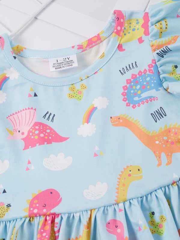 Dinosaur Print Dress girls summer ruffle sleeve twill dress