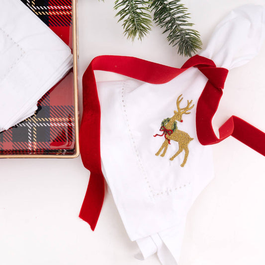 Reindeer Embroidered Dinner Napkins - 4 Piece Set