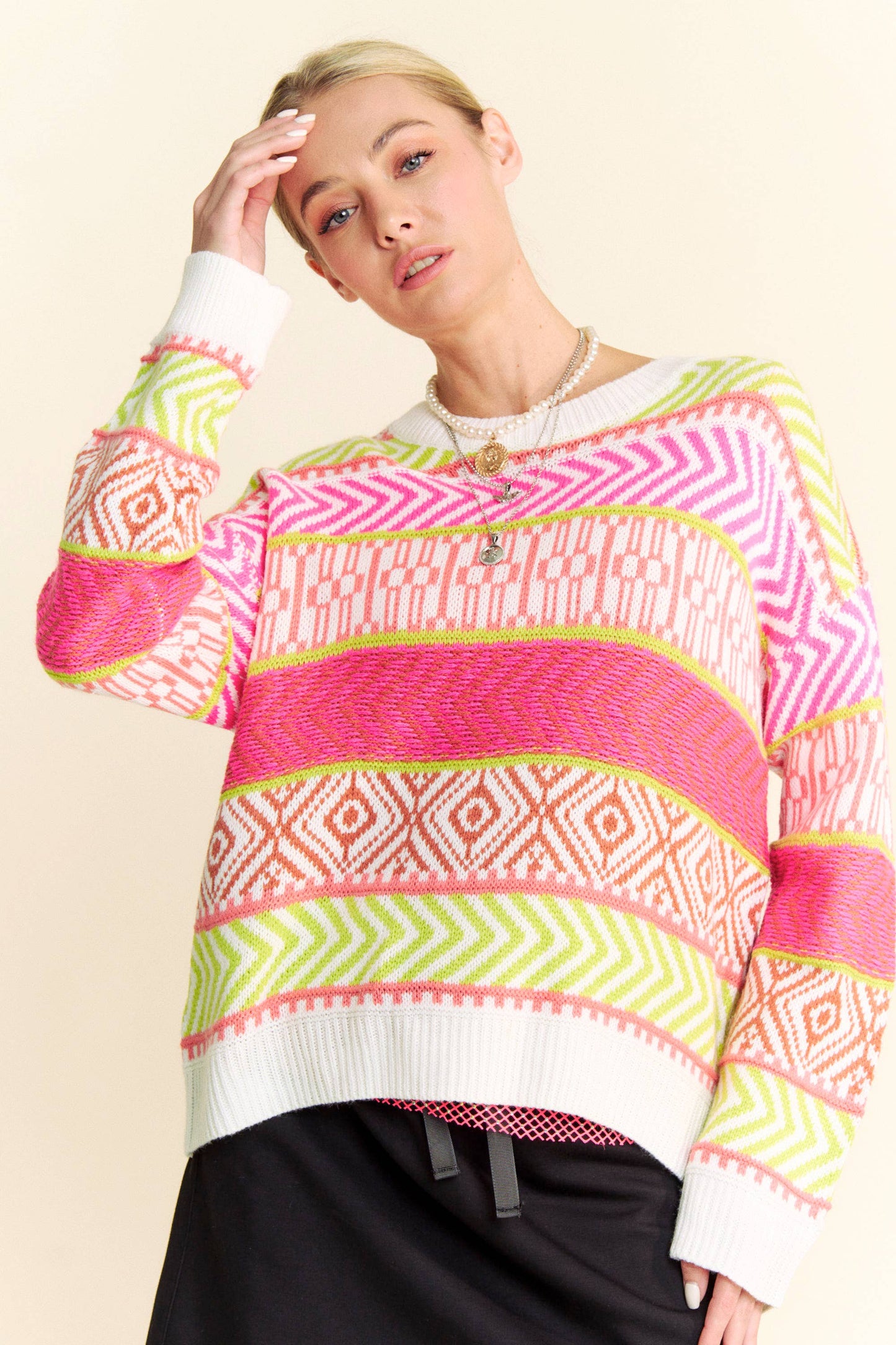 Mixed Pattern Textured Stripe Over Sweater Top