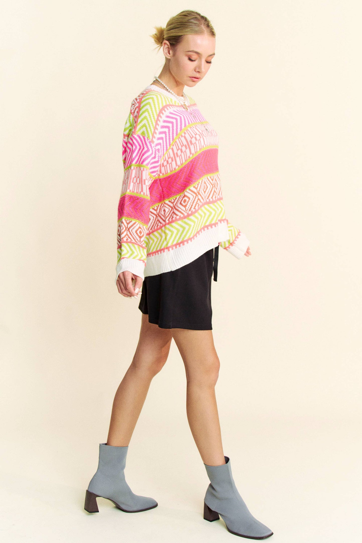 Mixed Pattern Textured Stripe Over Sweater Top