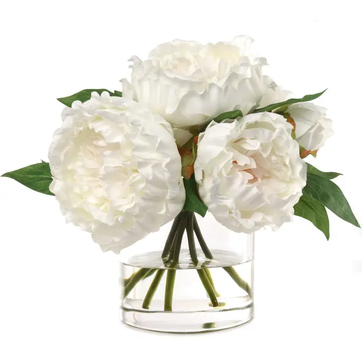 White Peony Arrangement with 7 Frond in Glass Vase Faux Flower