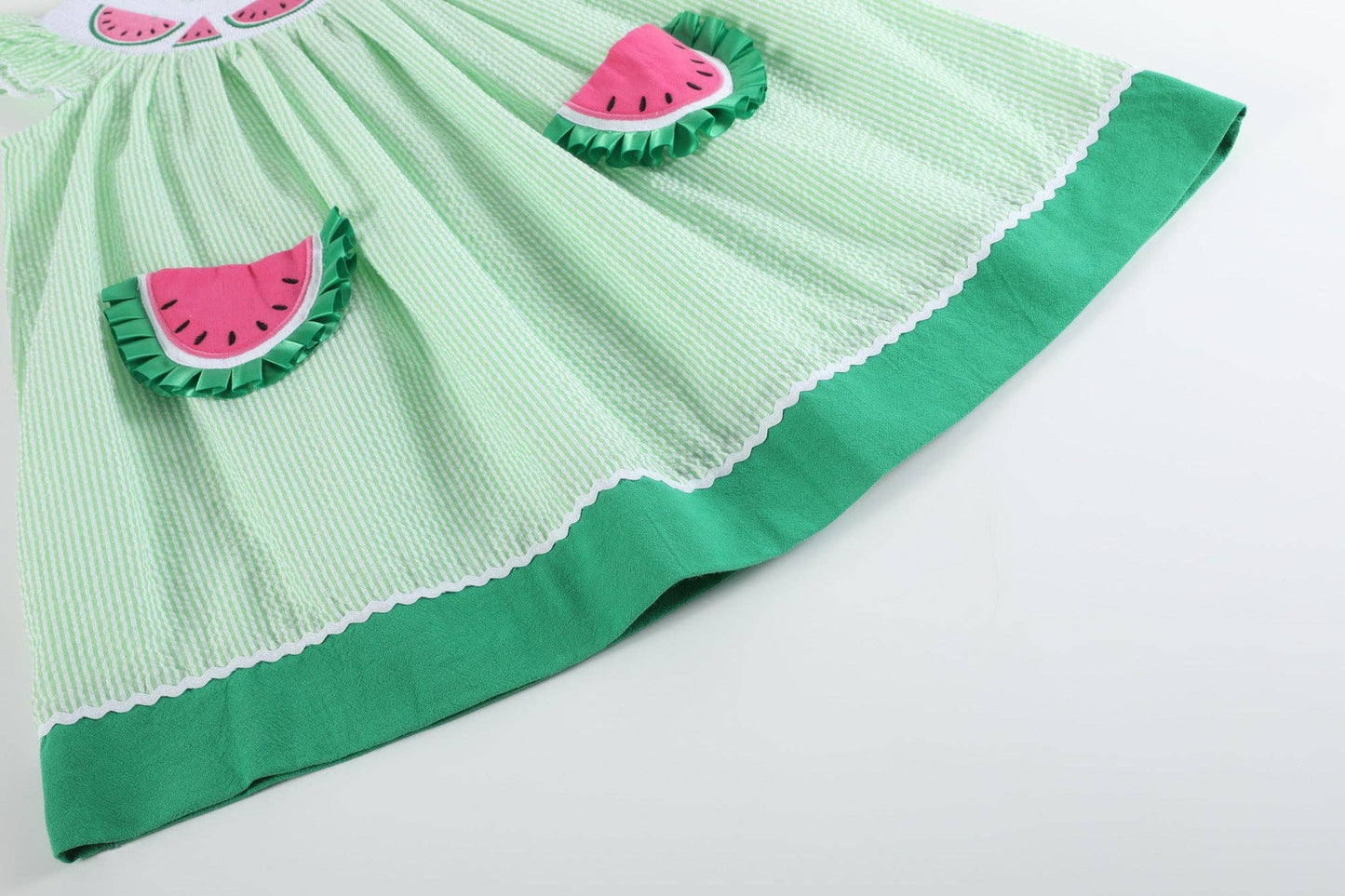 Green Seersucker Watermelon Smocked Bishop Dress