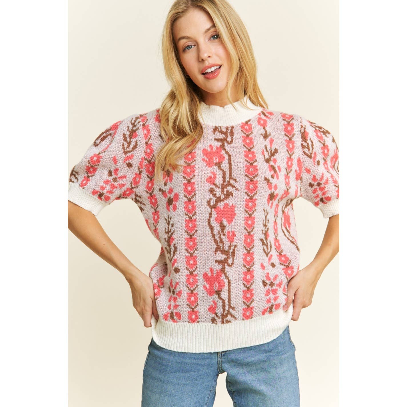 Cute Floral Jacquard Casual Pullover Sweater