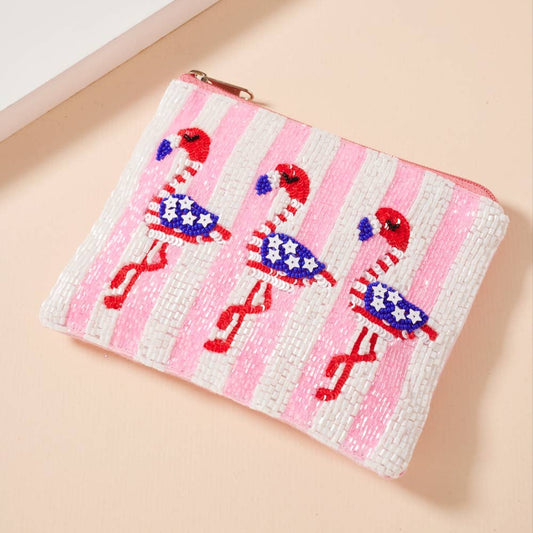 USA Flamingos Seed Beaded Coin Pouch