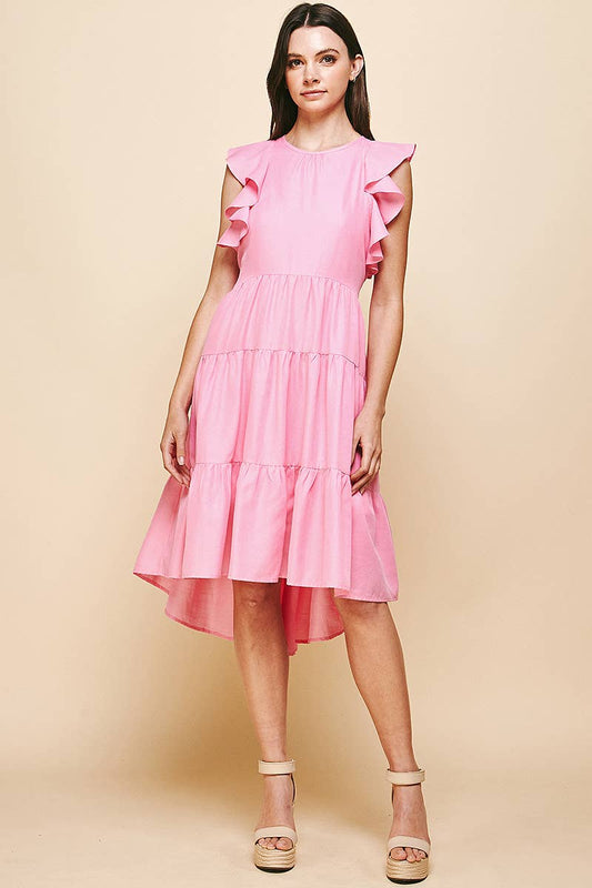 Ruffle Sleeve Tiered Midi Dress - Pink