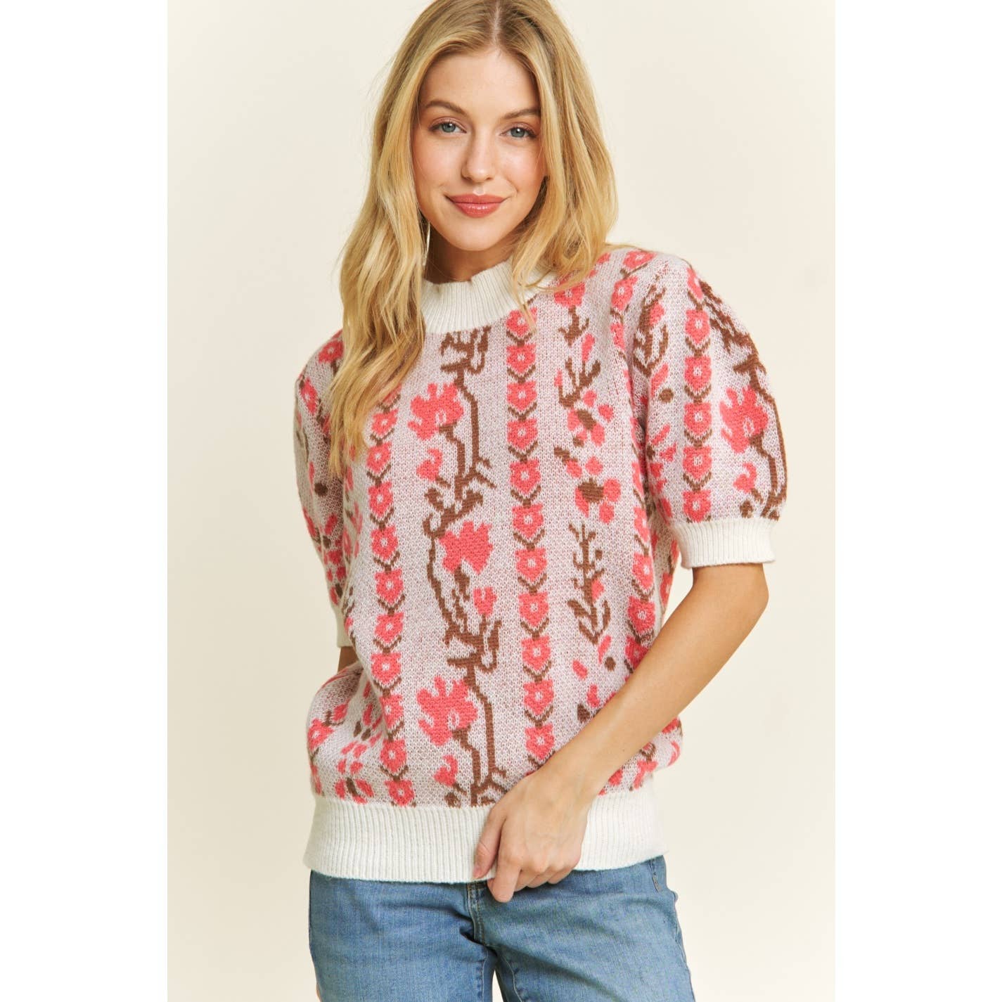 Cute Floral Jacquard Casual Pullover Sweater